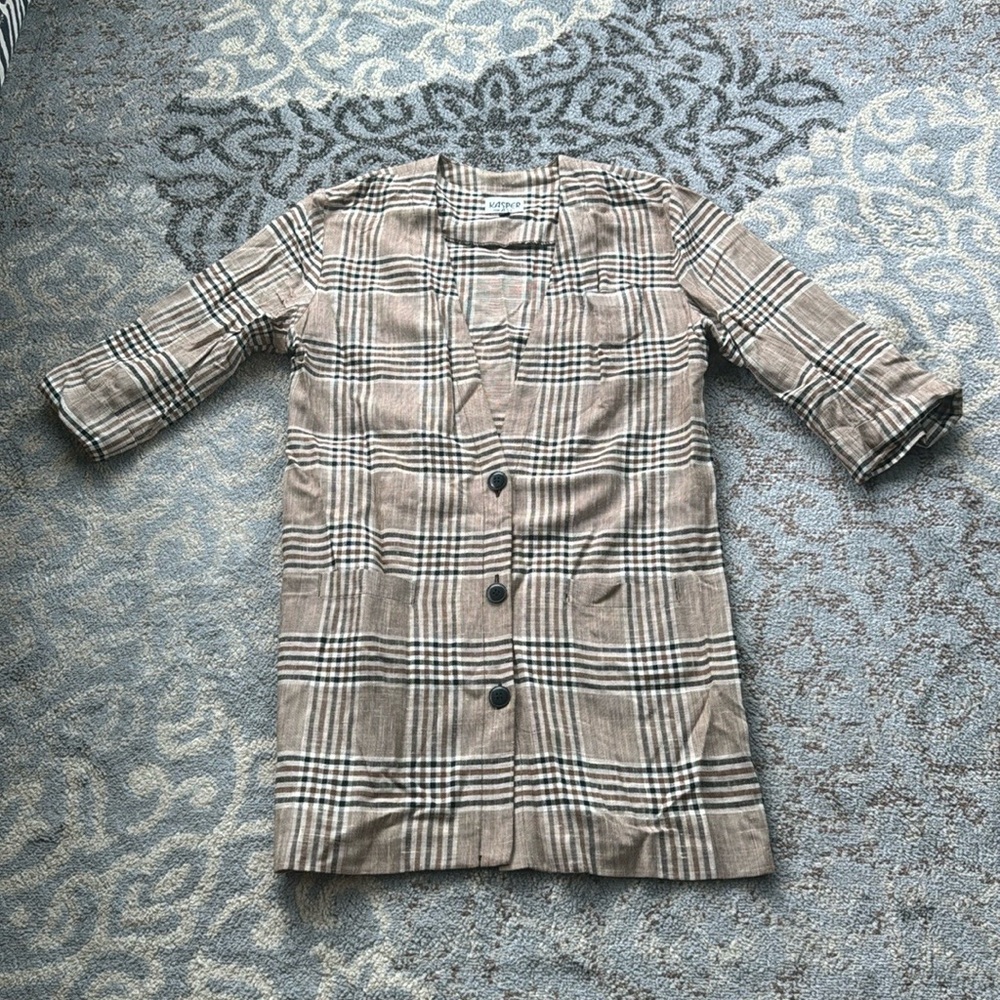 Vintage Kasper for A.S.L. Linen Blend Plaid Blazer Tan Brown Black 14